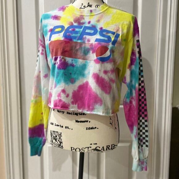 PEPSI TIE DYE CROPPED T-SHIRT LONG SLEEVE SZ MEDIUM 100% COTTON RETRO AESTHETIC - Picture 6 of 16